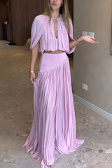 Women's Pleated Maxi Skirt Set with Cape Sleeve Crop Top