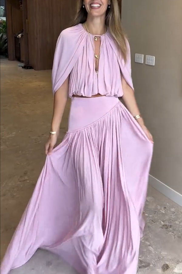 Women's Pleated Maxi Skirt Set with Cape Sleeve Crop Top