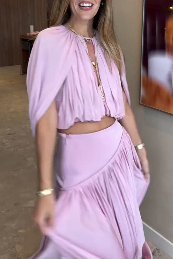 Women's Pleated Maxi Skirt Set with Cape Sleeve Crop Top