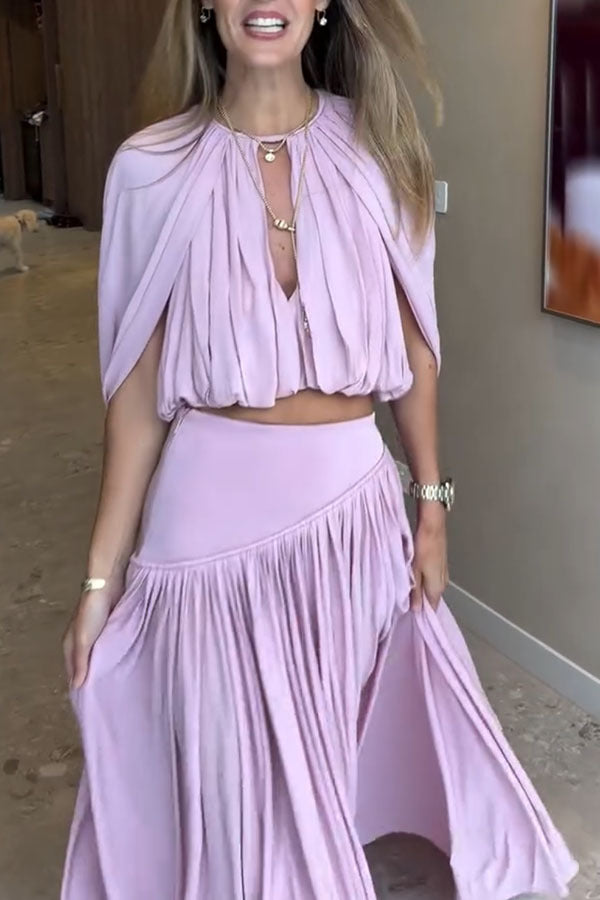 Women's Pleated Maxi Skirt Set with Cape Sleeve Crop Top