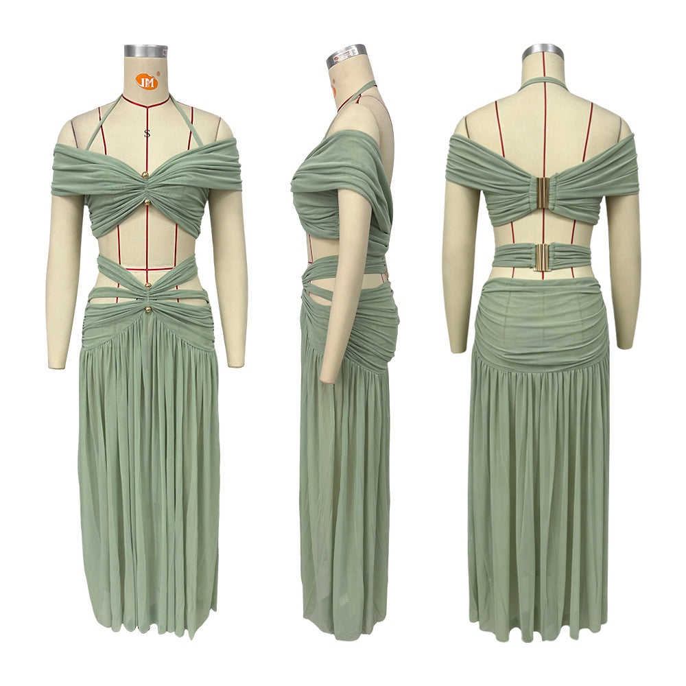 Women's Ruched Cutout Halter Maxi Dress - Sage Green