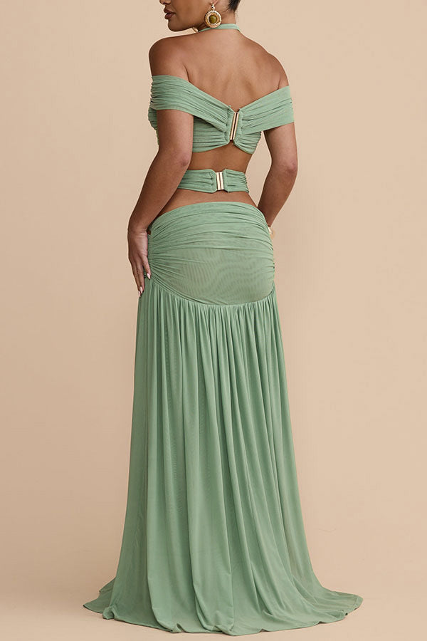 Women's Ruched Cutout Halter Maxi Dress - Sage Green