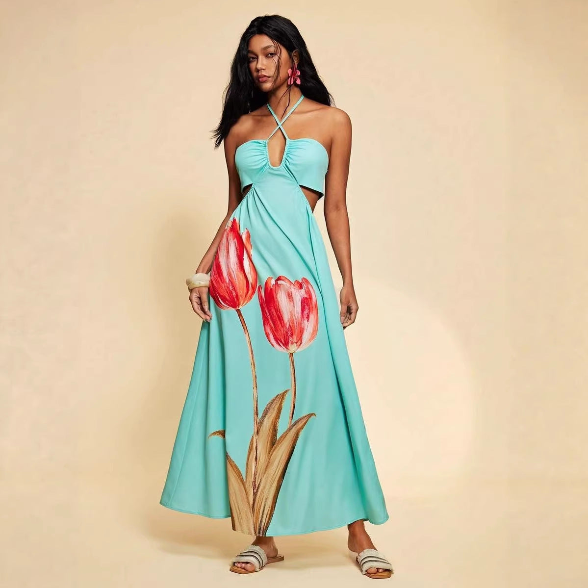 Women's Floral Print Cutout Halter Maxi Dress