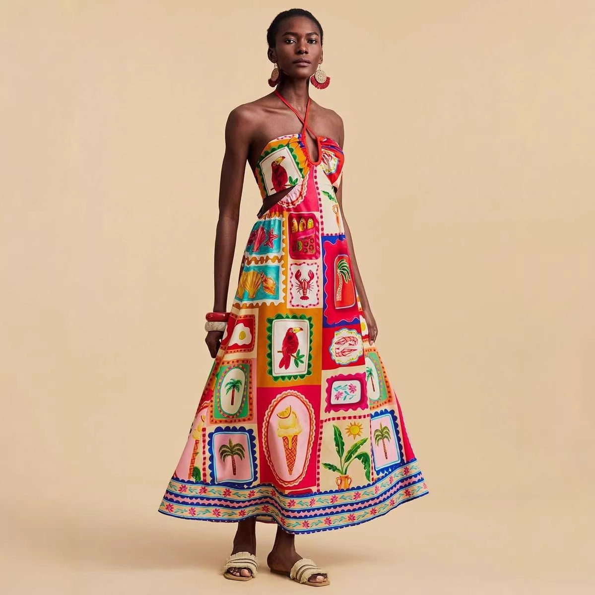Women's Floral Print Cutout Halter Maxi Dress