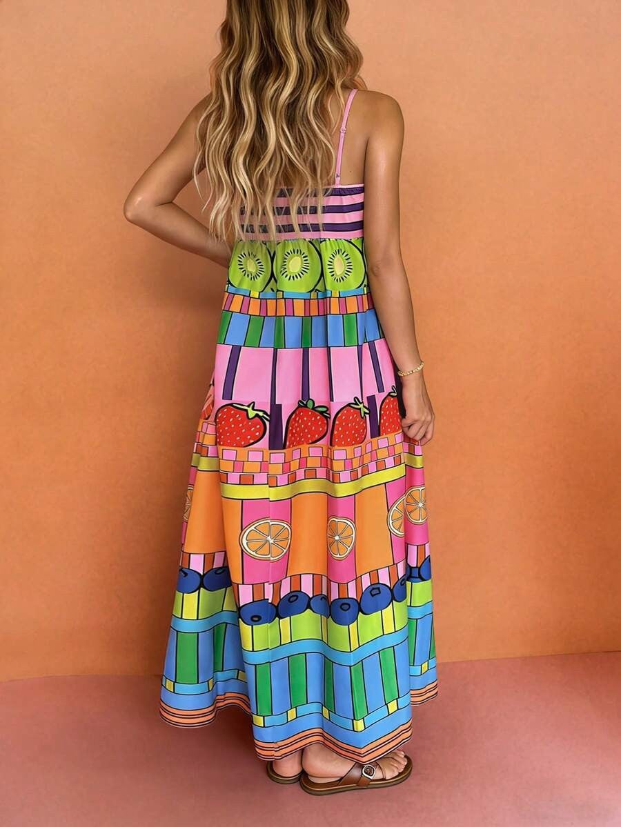 Women's Colorful Fruit Print Spaghetti Strap Maxi Dress