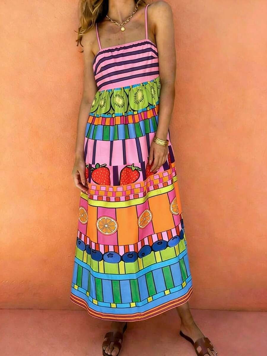 Women's Colorful Fruit Print Spaghetti Strap Maxi Dress