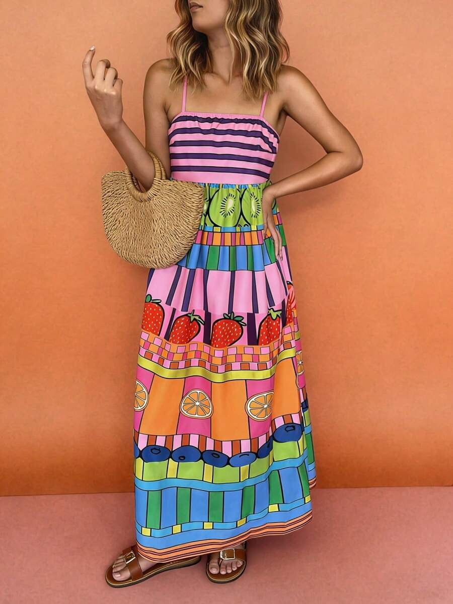 Women's Colorful Fruit Print Spaghetti Strap Maxi Dress