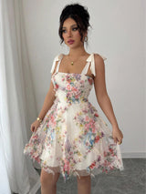 Women's Floral Mesh Tie-Strap Mini Dress - Ivory Multi