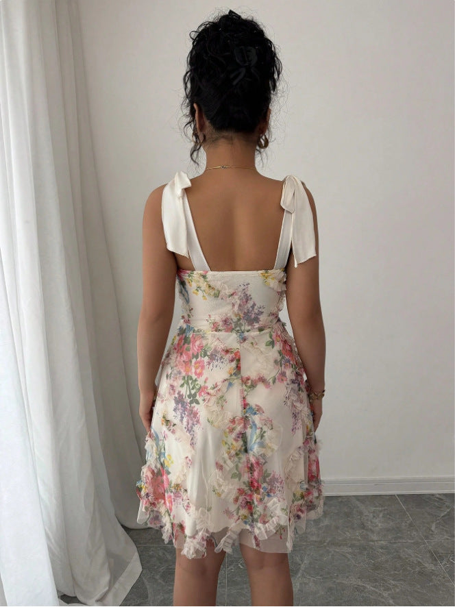 Women's Floral Mesh Tie-Strap Mini Dress - Ivory Multi