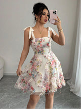 Women's Floral Mesh Tie-Strap Mini Dress - Ivory Multi