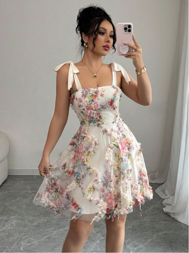 Women's Floral Mesh Tie-Strap Mini Dress - Ivory Multi