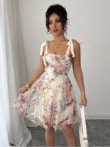 Women's Floral Mesh Tie-Strap Mini Dress - Ivory Multi