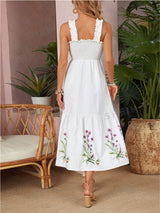 Women's Smocked Floral Embroidered Midi Dress - White