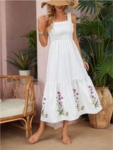 Women's Smocked Floral Embroidered Midi Dress - White