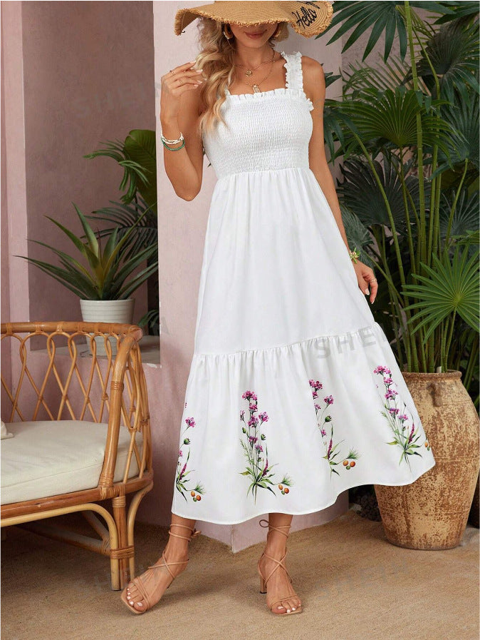 Women's Smocked Floral Embroidered Midi Dress - White