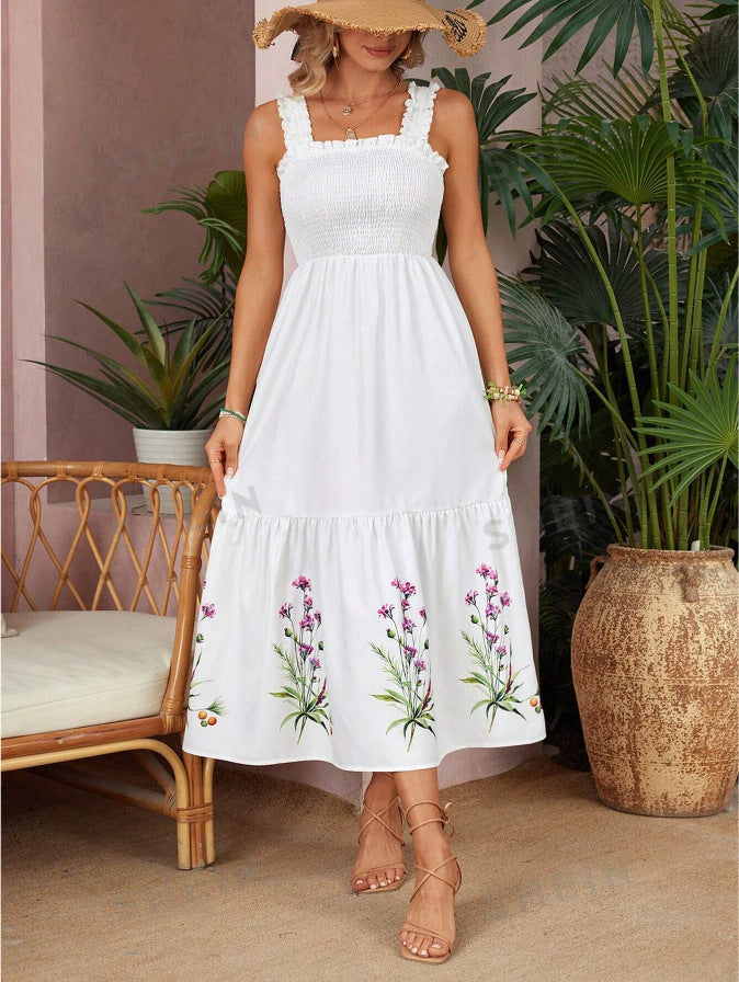 Women's Smocked Floral Embroidered Midi Dress - White