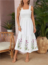 Women's Smocked Floral Embroidered Midi Dress - White