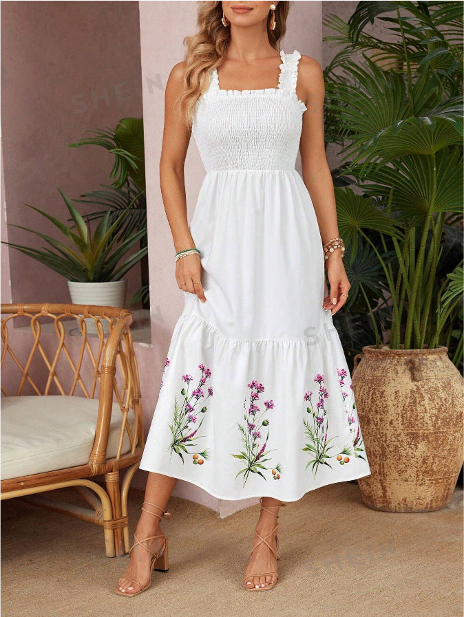 Women's Smocked Floral Embroidered Midi Dress - White
