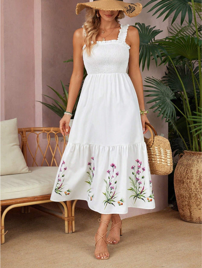 Women's Smocked Floral Embroidered Midi Dress - White
