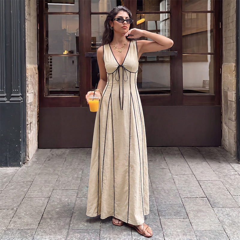 Beige Contrast Trim Maxi Dress