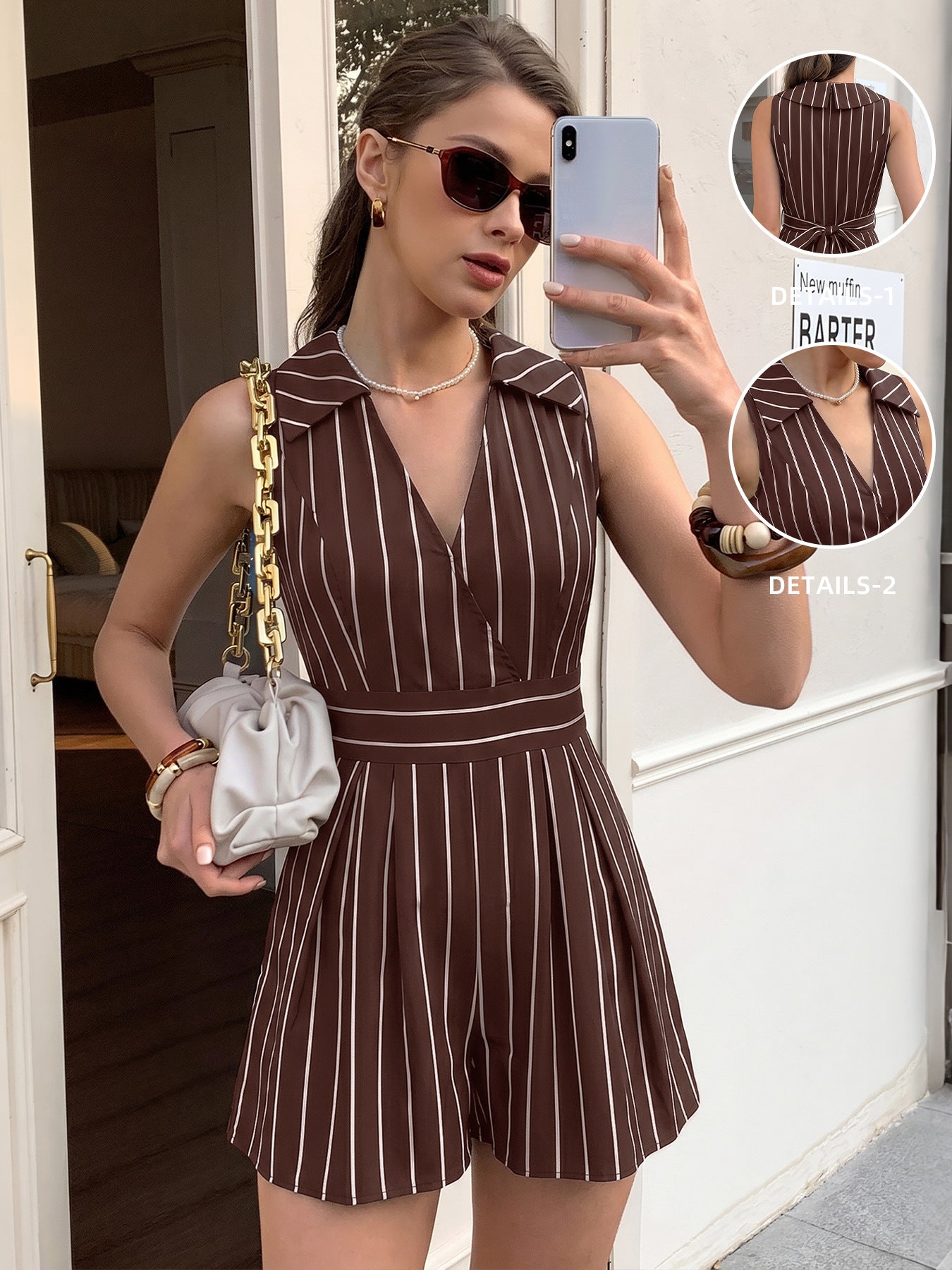 Women's Sleeveless Striped V-Neck Wrap Romper with Collar