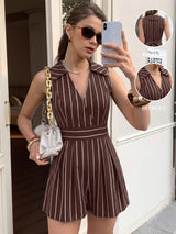 Women's Sleeveless Striped V-Neck Wrap Romper with Collar