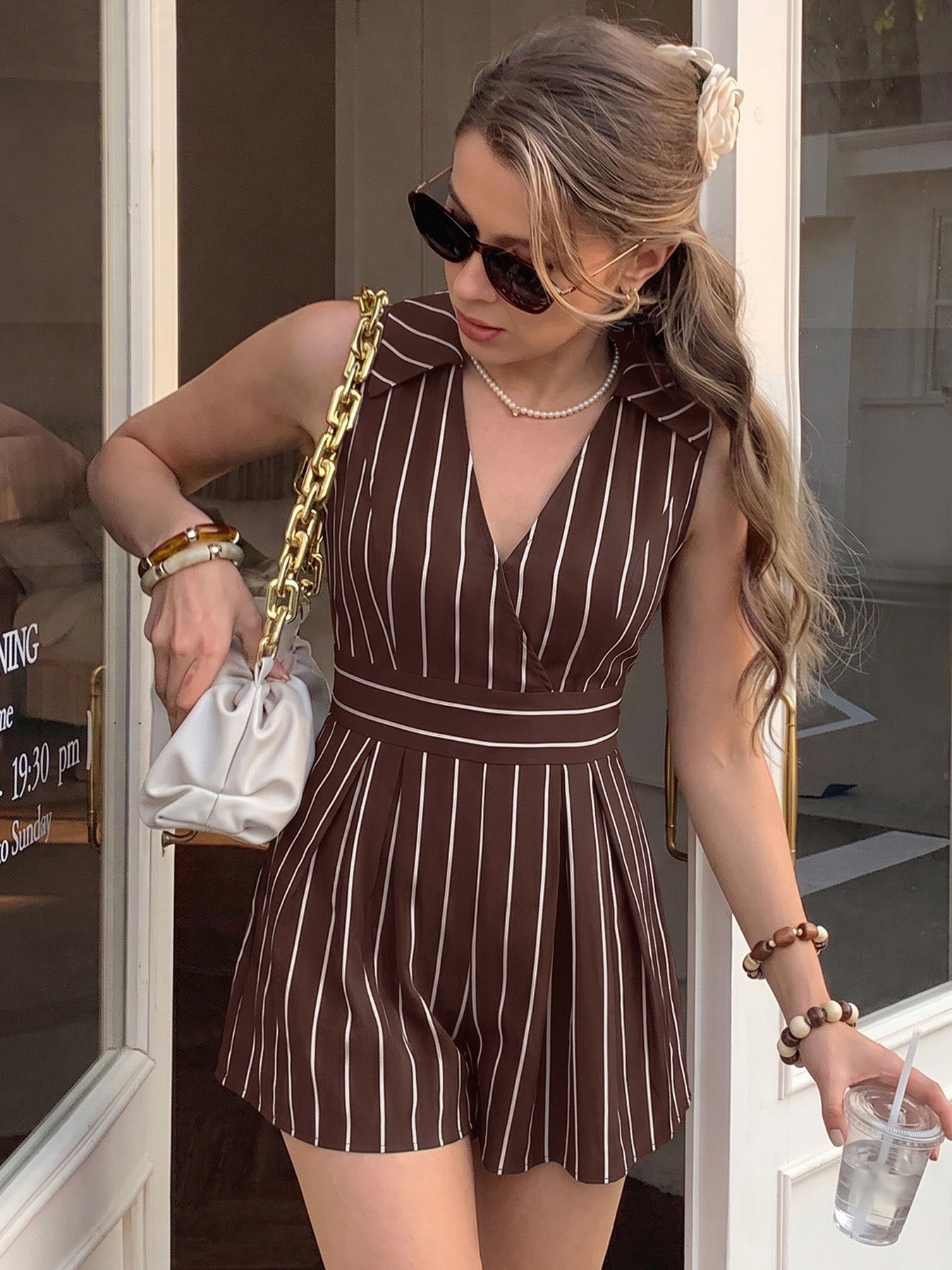 Women's Sleeveless Striped V-Neck Wrap Romper with Collar