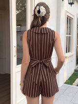 Women's Sleeveless Striped V-Neck Wrap Romper with Collar