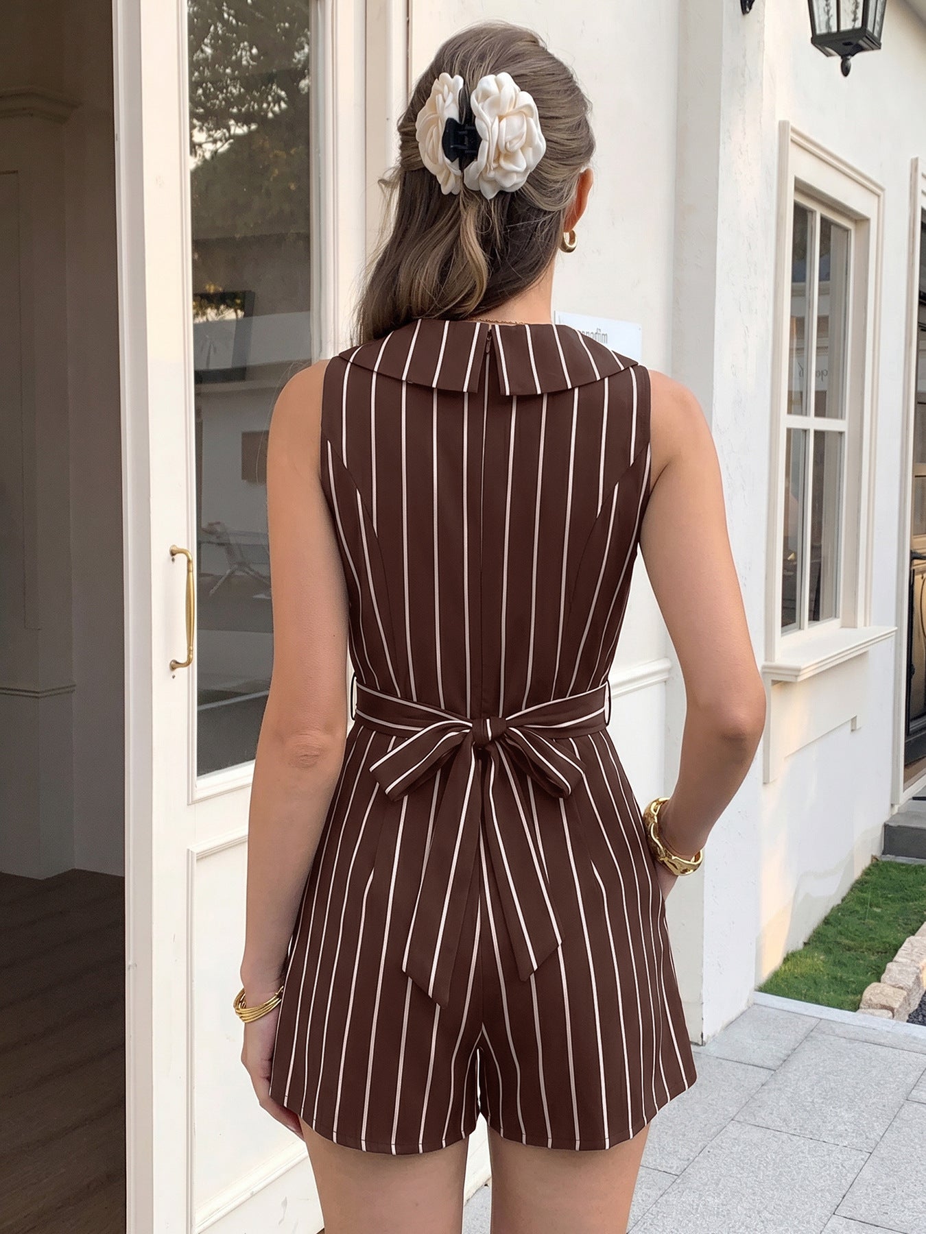 Women's Sleeveless Striped V-Neck Wrap Romper with Collar