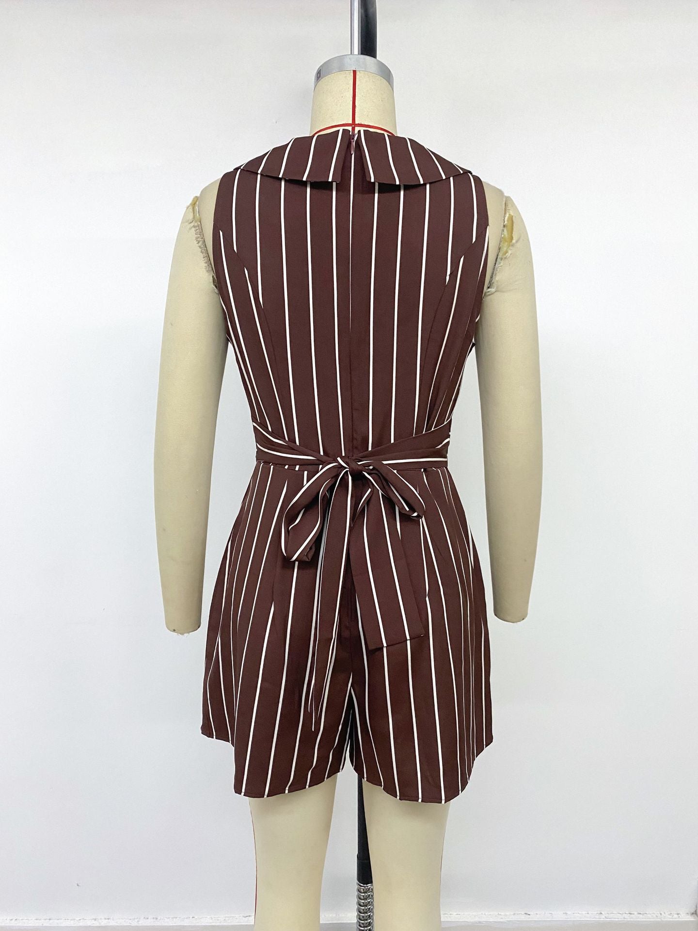 Women's Sleeveless Striped V-Neck Wrap Romper with Collar