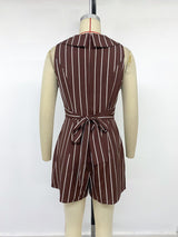 Women's Sleeveless Striped V-Neck Wrap Romper with Collar