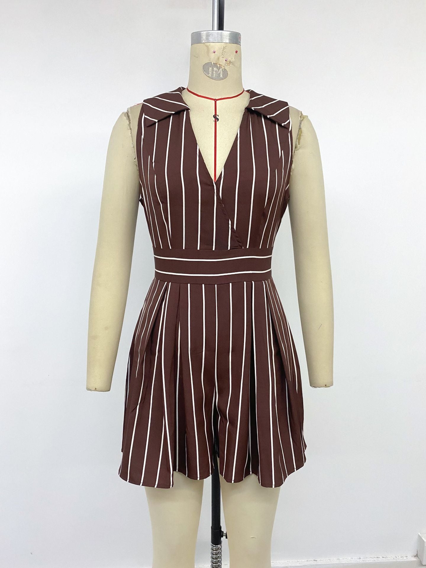 Women's Sleeveless Striped V-Neck Wrap Romper with Collar