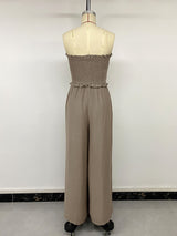 Women's Strapless Smocked Wide Leg Jumpsuit with Ruffle Trim
