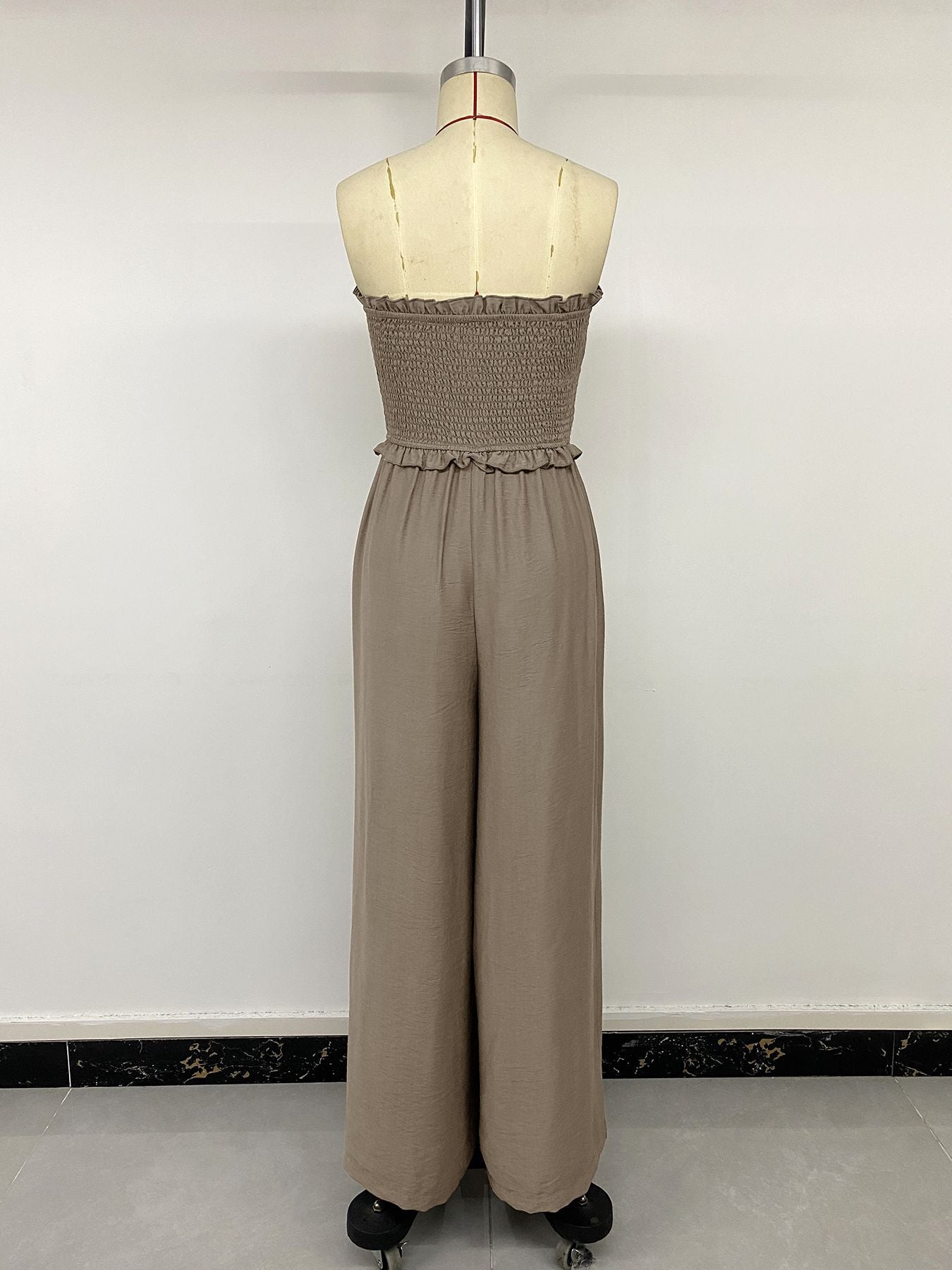 Women's Strapless Smocked Wide Leg Jumpsuit with Ruffle Trim