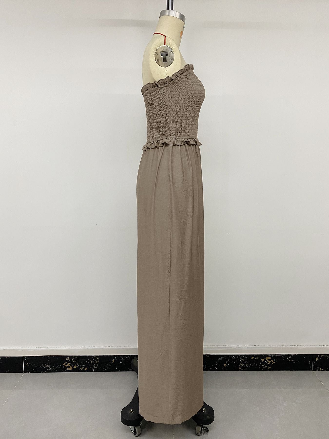 Women's Strapless Smocked Wide Leg Jumpsuit with Ruffle Trim