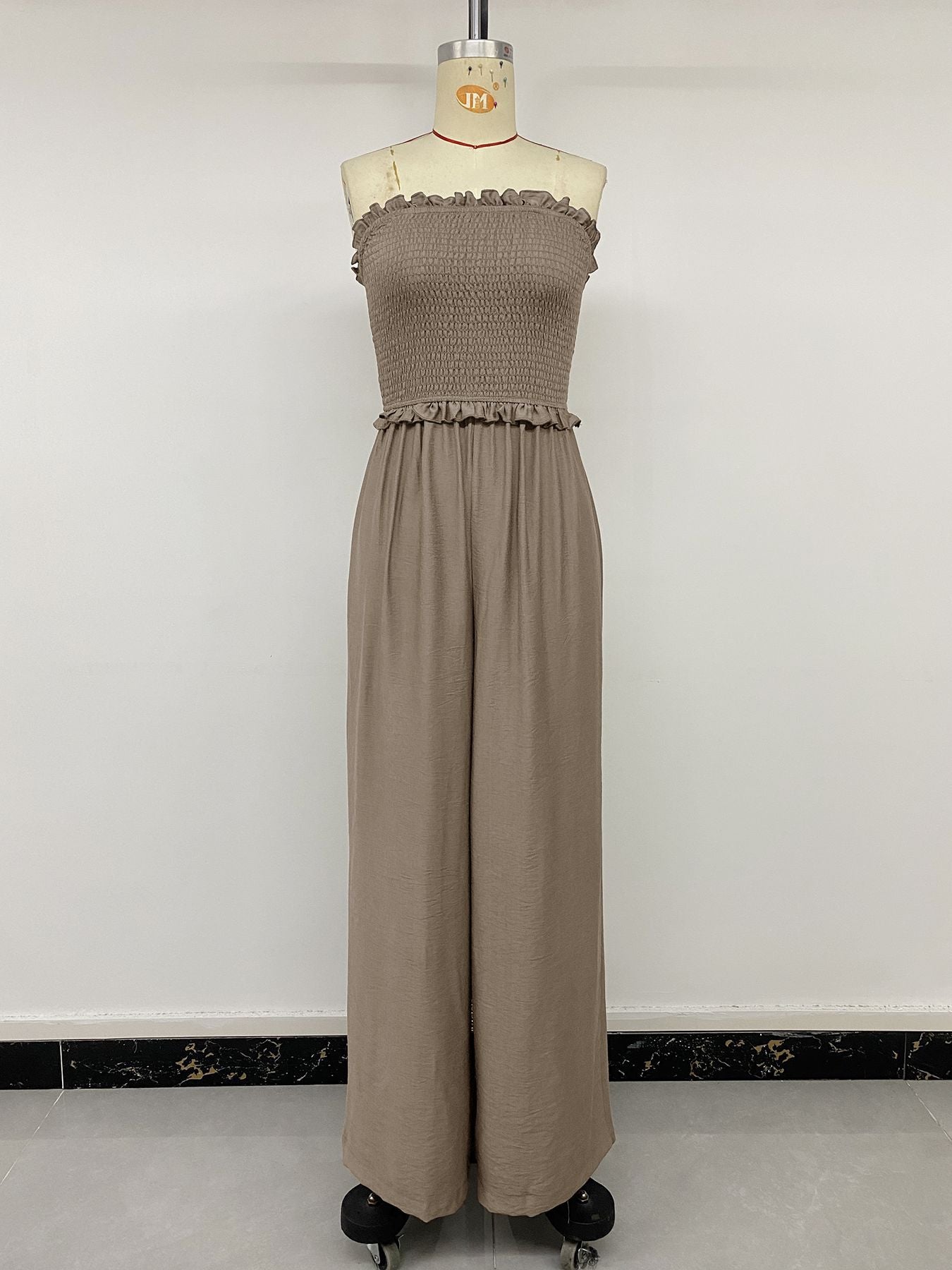 Women's Strapless Smocked Wide Leg Jumpsuit with Ruffle Trim