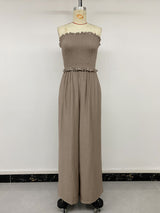 Women's Strapless Smocked Wide Leg Jumpsuit with Ruffle Trim