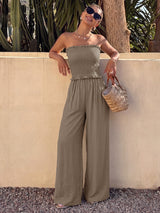 Women's Strapless Smocked Wide Leg Jumpsuit with Ruffle Trim