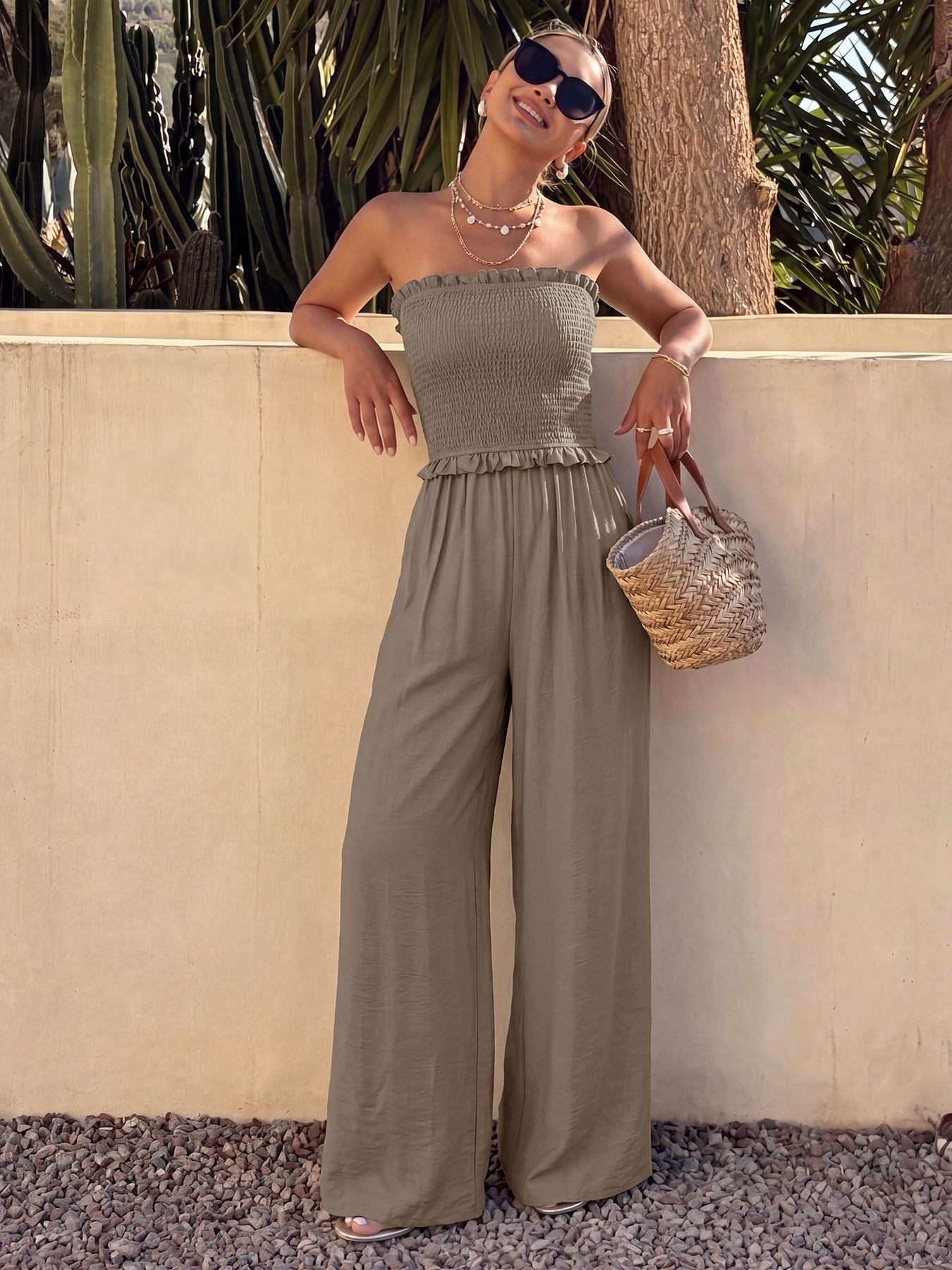 Women's Strapless Smocked Wide Leg Jumpsuit with Ruffle Trim