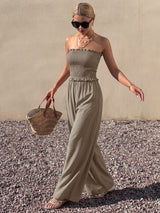 Women's Strapless Smocked Wide Leg Jumpsuit with Ruffle Trim