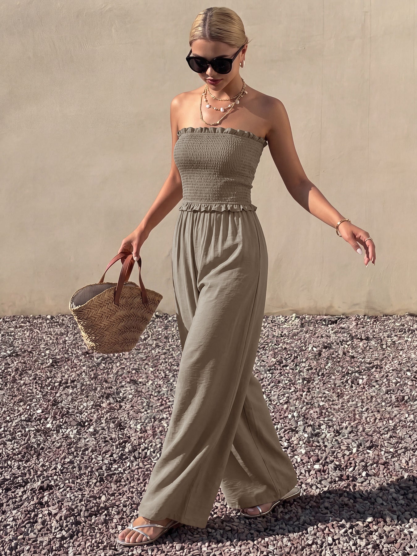 Women's Strapless Smocked Wide Leg Jumpsuit with Ruffle Trim
