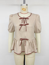 Women's Puff Sleeve Contrast Bow Front Peplum Blouse Top