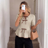Women's Puff Sleeve Contrast Bow Front Peplum Blouse Top