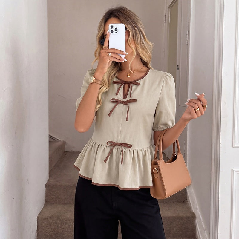 Women's Puff Sleeve Contrast Bow Front Peplum Blouse Top
