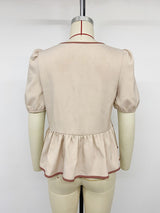 Women's Puff Sleeve Contrast Bow Front Peplum Blouse Top