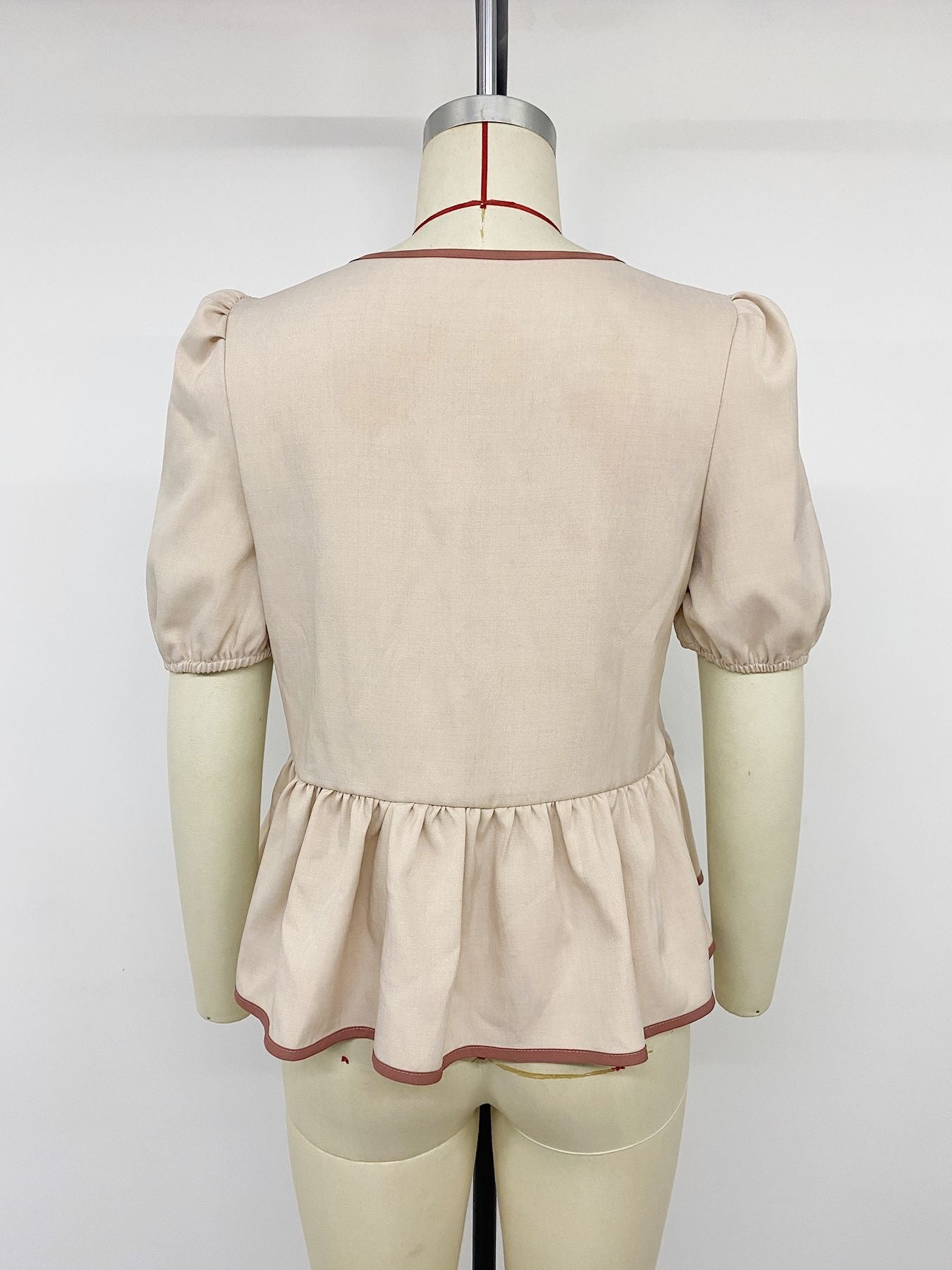 Women's Puff Sleeve Contrast Bow Front Peplum Blouse Top
