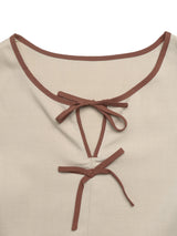 Women's Puff Sleeve Contrast Bow Front Peplum Blouse Top