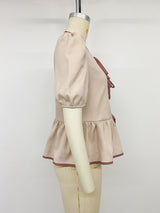 Women's Puff Sleeve Contrast Bow Front Peplum Blouse Top