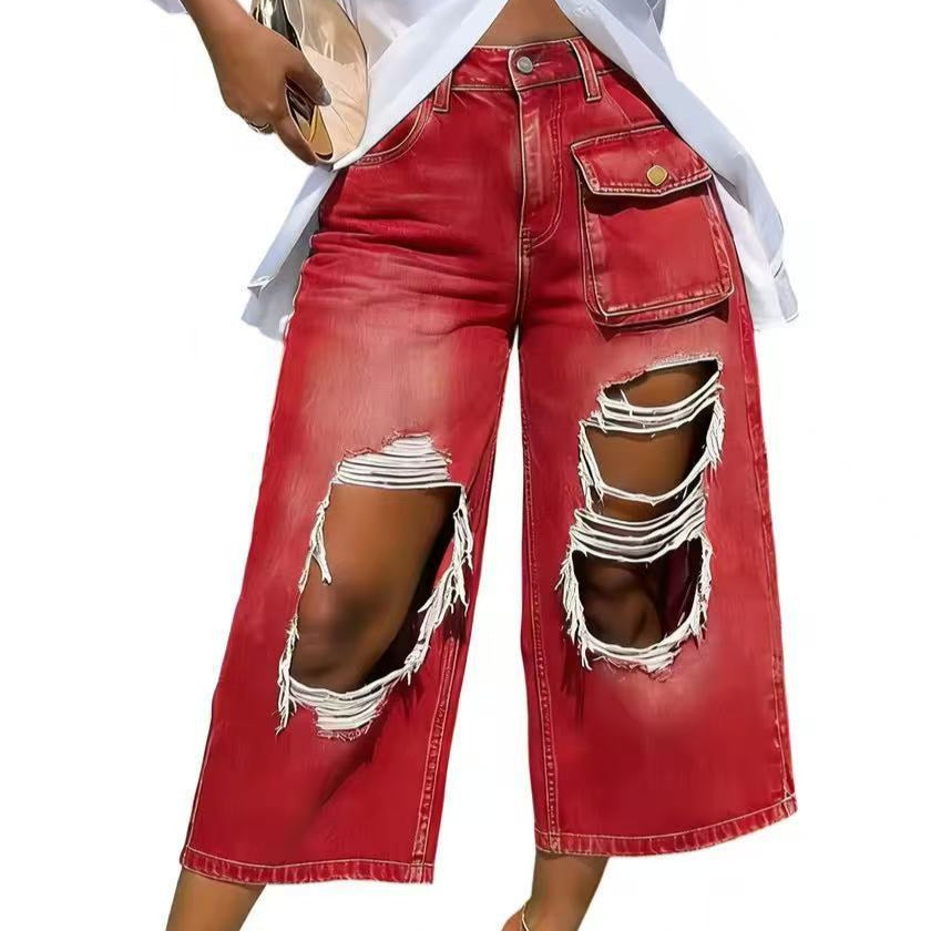 Women's Distressed Cargo Wide Leg Jeans