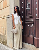 Women's Floral Lace Sleeveless Button Front Vest Blouse